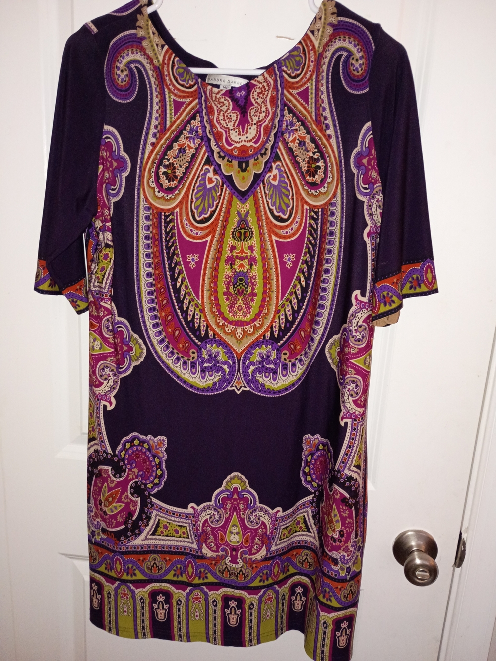 Sandra Darren Purple Paisley Shift Dress with Pink, Green & Gold Accents